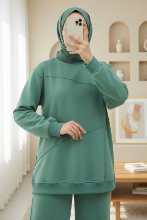 İki İp Çimalı Pantolonlu Penye Takım -Su Yeşili