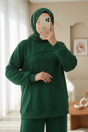 İki İp Çimalı Pantolonlu Penye Takım -Zümrüt