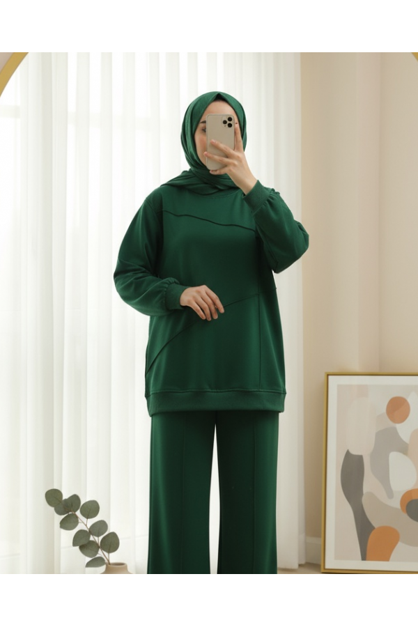 Combed Cotton Suit with Two-String Grass Trousers -Emerald