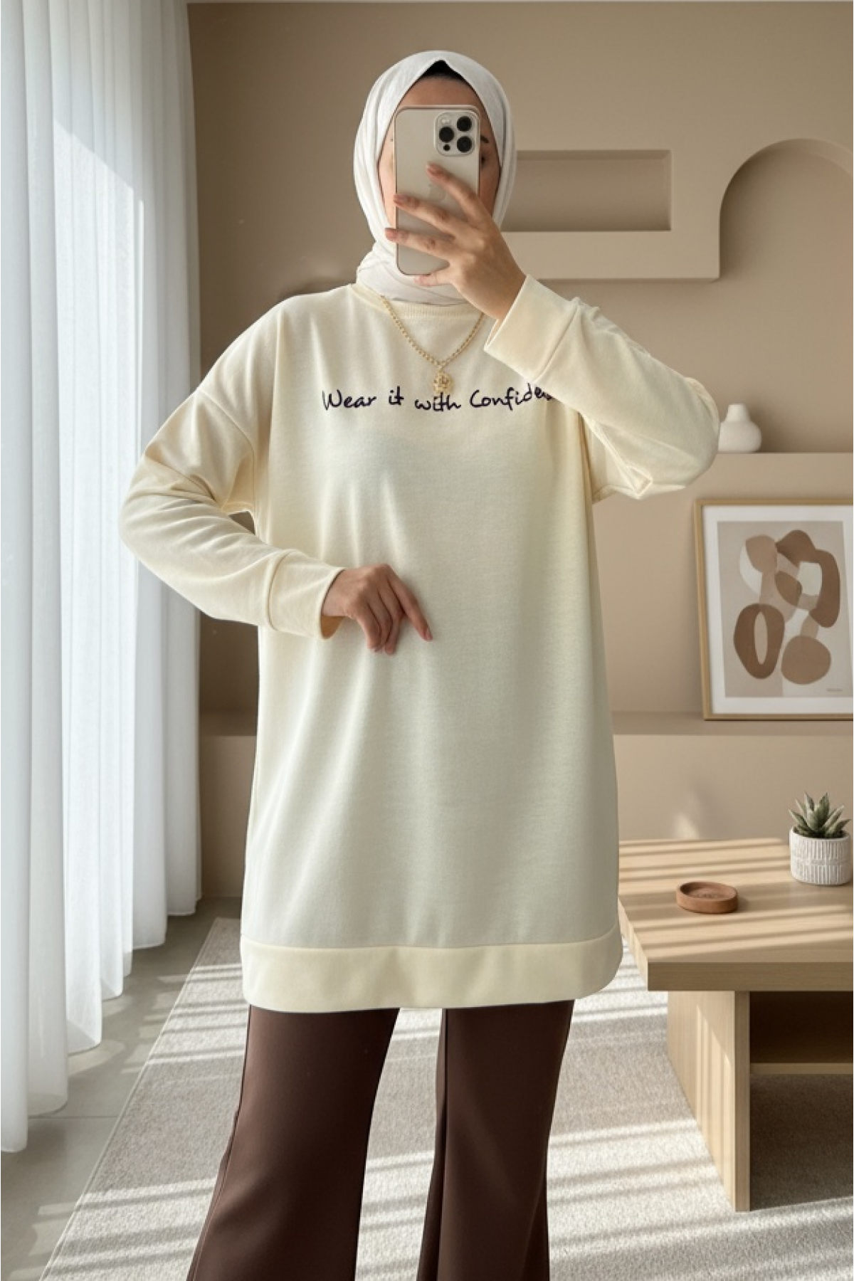 Baskılı Penye Sweat  -Krem