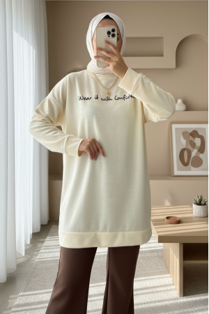 Baskılı Penye Sweat  -Krem