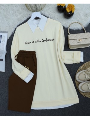 Baskılı Penye Sweat  -Krem