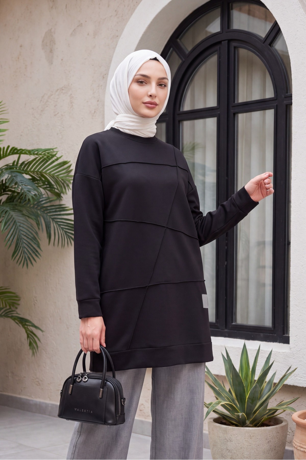 Çima Desenli Bisiklet Yaka Tunik -Siyah