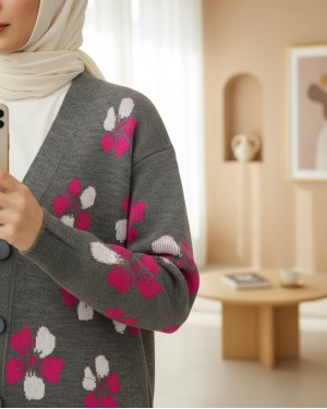 Floral Embossed Buttoned Cardigan -Smoked 