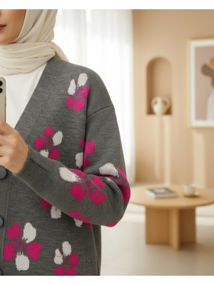 Floral Embossed Buttoned Cardigan -Smoked 