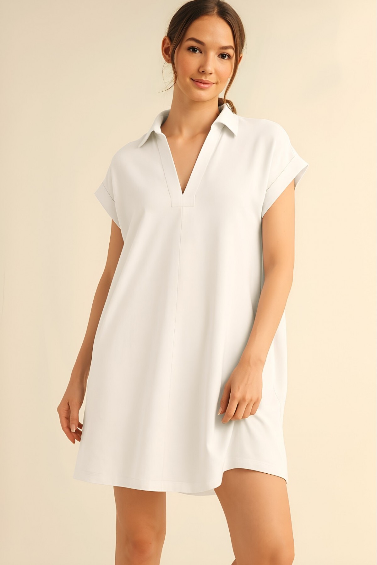 Shirt Collar Pocketed Single Jersey Combed Cotton Dress -White