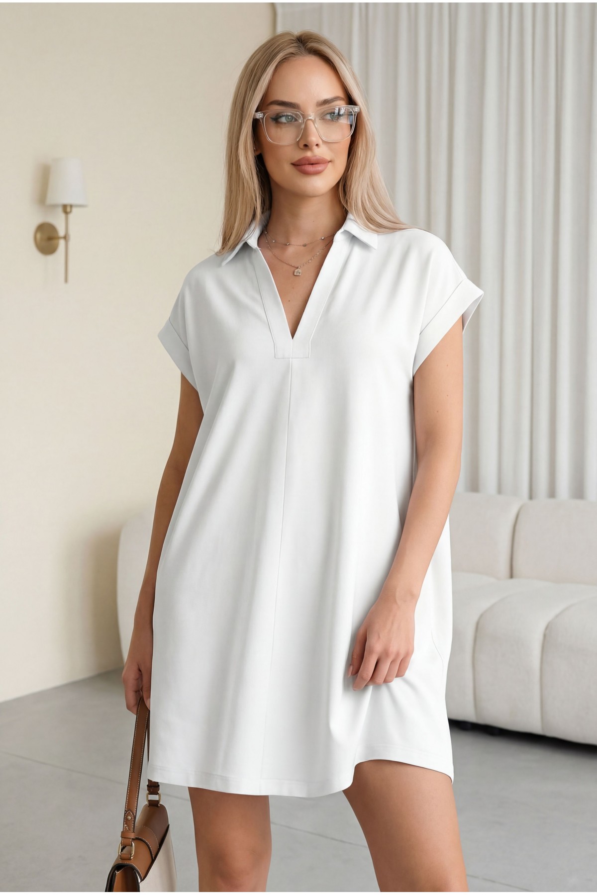Shirt Collar Pocketed Single Jersey Combed Cotton Dress -White