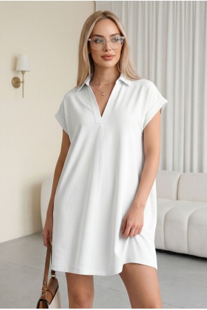 فستان من القطن الممشط ذو ياقة قميص وجيوب مفردة -أبيض