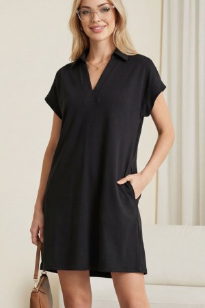 فستان من القطن الممشط ذو ياقة قميص وجيوب مفردة -أسود