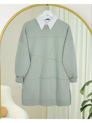 Yuvarlak Yaka Çimalı Yırtmaçlı Salaş Penye Tunik -Çağla Y.