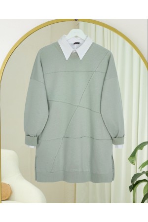 Yuvarlak Yaka Çimalı Yırtmaçlı Salaş Penye Tunik -Çağla Y.