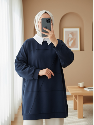 Round Neck, Slit, Loose Combed Cotton Tunic -Navy blue