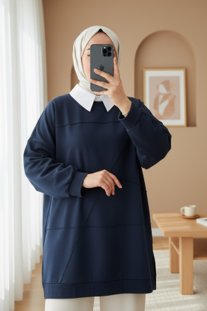 Round Neck, Slit, Loose Combed Cotton Tunic -Navy blue