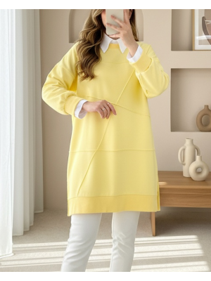 Round Neck, Slit, Loose Combed Cotton Tunic -Yellow