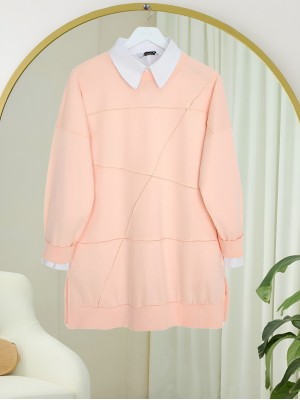 Round Neck, Slit, Loose Combed Cotton Tunic -Salmon