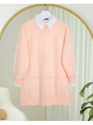 Round Neck, Slit, Loose Combed Cotton Tunic -Salmon