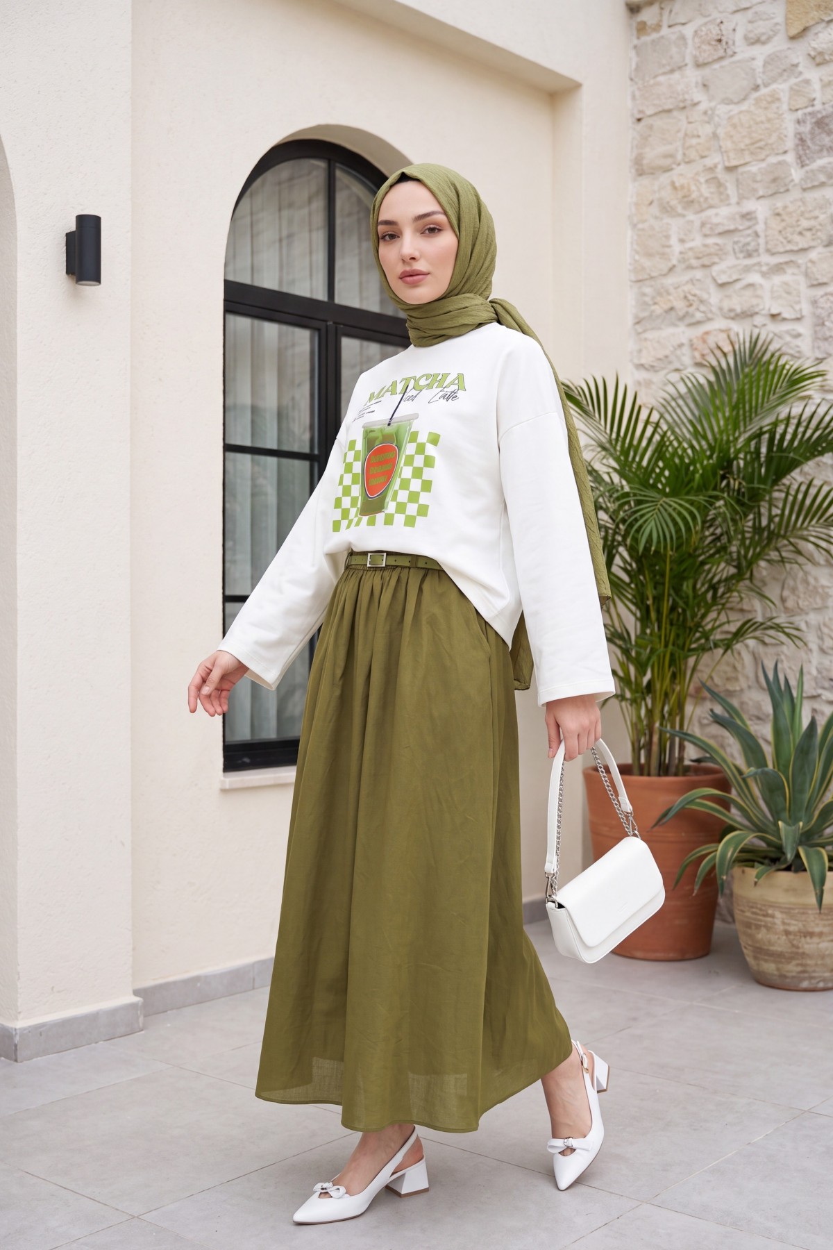 Matcha Baskılı Bisiklet Yaka Oversize 2 İplik Penye Sweatshirt -Ekru