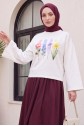 Çiçek Baskılı Bisiklet Yaka Oversize 2 İplik Penye Sweatshirt -Ekru