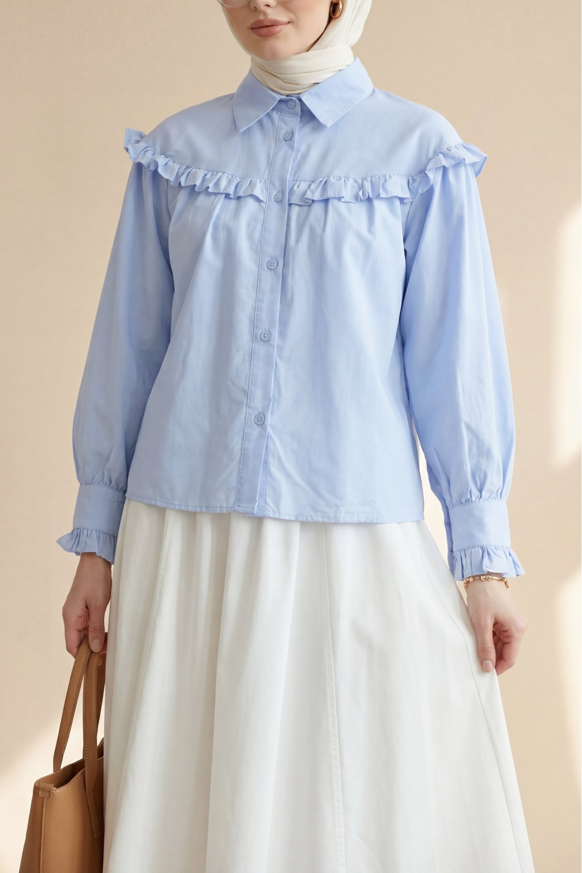 Short Shirt with Ruffle Detail and Button Closure -Baby Blue