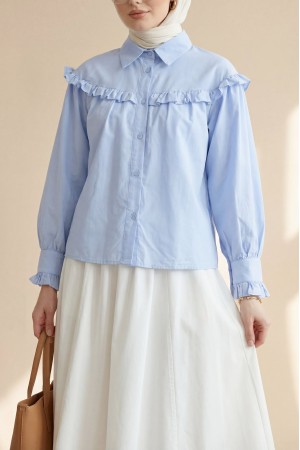 Short Shirt with Ruffle Detail and Button Closure -Baby Blue