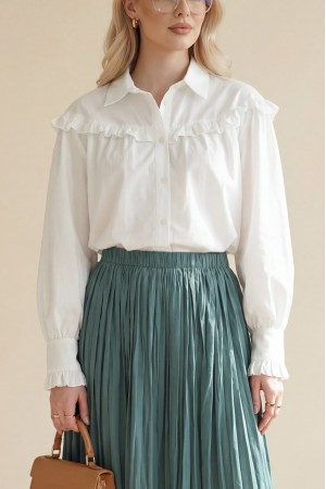 Fırfır Detaylı Düğmeli Kısa Gömlek -Beyaz