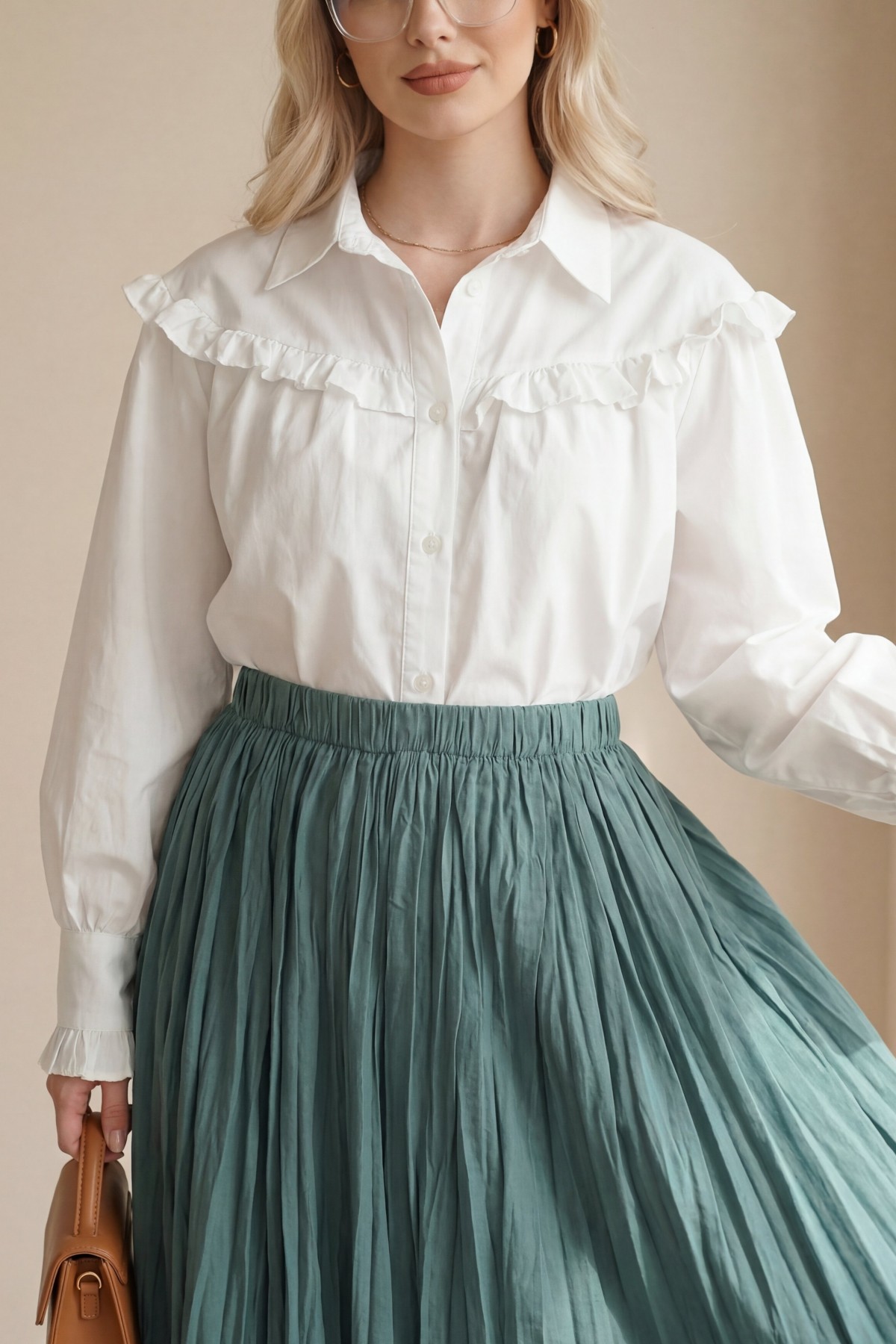 Short Shirt with Ruffle Detail and Button Closure -White