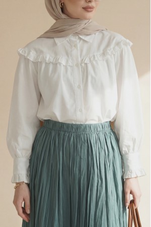 Short Shirt with Ruffle Detail and Button Closure -White