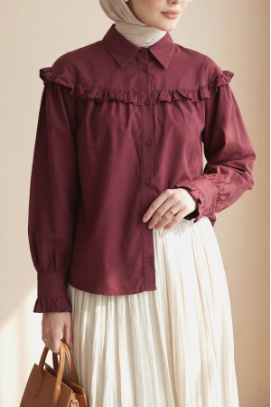 Short Shirt with Ruffle Detail and Button Closure -Maroon