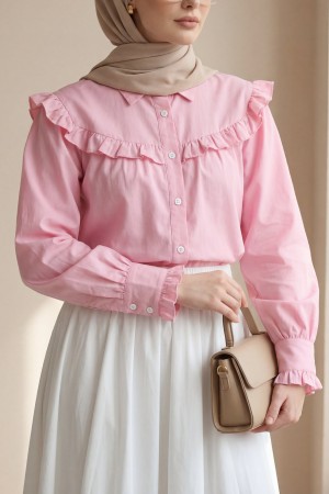 Fırfır Detaylı Düğmeli Kısa Gömlek -Pembe