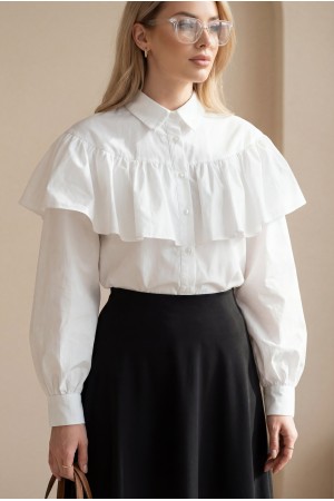 Önü Ve Omuzu Fırfır Detaylı Poplin Gömlek Bluz -Beyaz