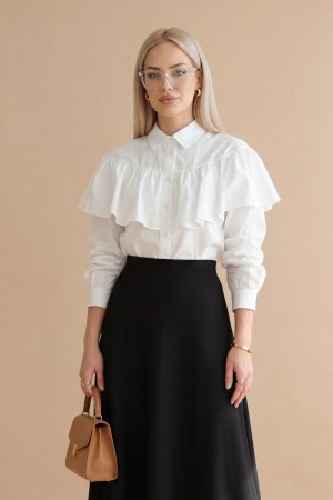 Önü Ve Omuzu Fırfır Detaylı Poplin Gömlek Bluz -Beyaz