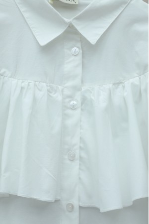 Önü Ve Omuzu Fırfır Detaylı Poplin Gömlek Bluz -Beyaz