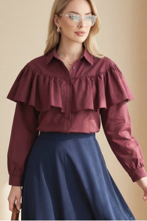 Önü Ve Omuzu Fırfır Detaylı Poplin Gömlek Bluz -Bordo