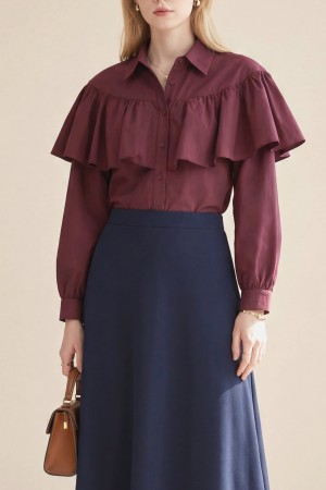 Önü Ve Omuzu Fırfır Detaylı Poplin Gömlek Bluz -Bordo