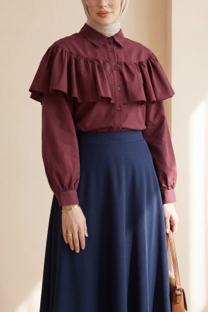 Poplin Shirt Blouse with Ruffle Detail on Front and Shoulders -Maroon