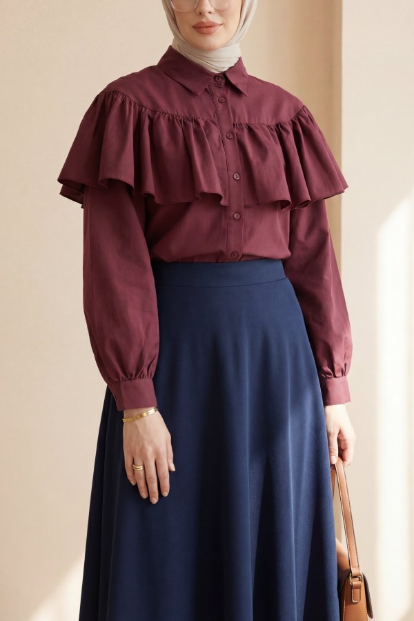 Önü Ve Omuzu Fırfır Detaylı Poplin Gömlek Bluz -Bordo