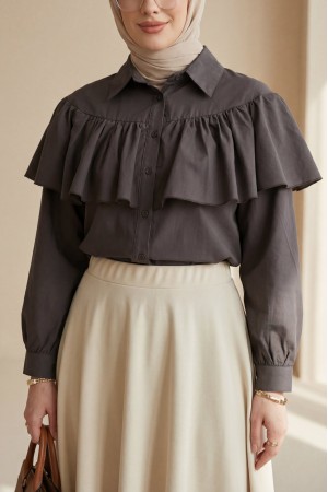Poplin Shirt Blouse with Ruffle Detail on Front and Shoulders -Dark Coffee
