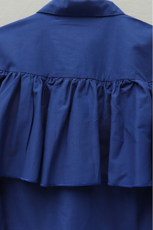 Poplin Shirt Blouse with Ruffle Detail on Front and Shoulders -Navy blue