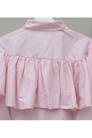 Önü Ve Omuzu Fırfır Detaylı Poplin Gömlek Bluz -Pembe