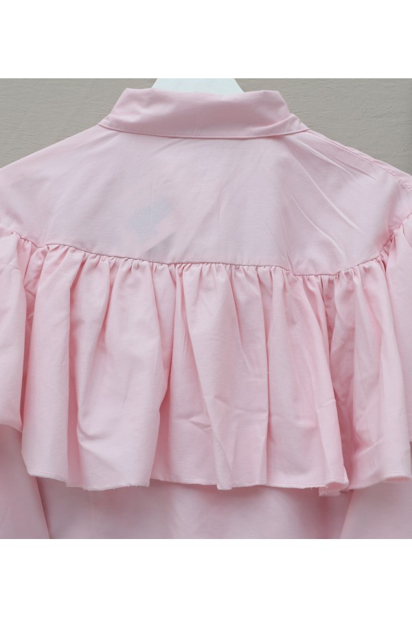Önü Ve Omuzu Fırfır Detaylı Poplin Gömlek Bluz -Pembe