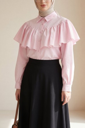 Önü Ve Omuzu Fırfır Detaylı Poplin Gömlek Bluz -Pembe
