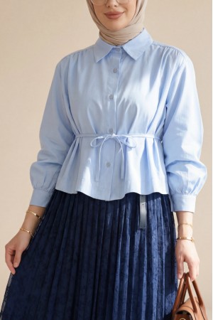 Shirt Blouse with Gathered Shoulders and Lace-up Detail -Baby Blue
