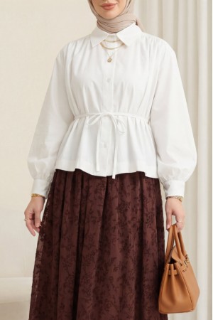 Shirt Blouse with Gathered Shoulders and Lace-up Detail -White