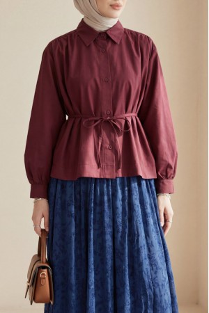 Shirt Blouse with Gathered Shoulders and Lace-up Detail -Maroon