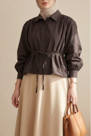 Shirt Blouse with Gathered Shoulders and Lace-up Detail -Dark Coffee
