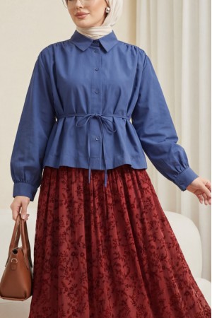 Shirt Blouse with Gathered Shoulders and Lace-up Detail -Navy blue