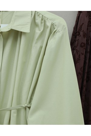 Omuzları Büzgülü Bağcıklı Gömlek Bluz -Zeytin