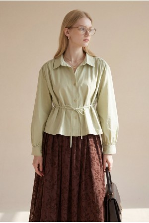 Omuzları Büzgülü Bağcıklı Gömlek Bluz -Zeytin