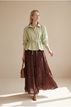 Omuzları Büzgülü Bağcıklı Gömlek Bluz -Zeytin