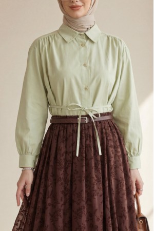 Omuzları Büzgülü Bağcıklı Gömlek Bluz -Zeytin